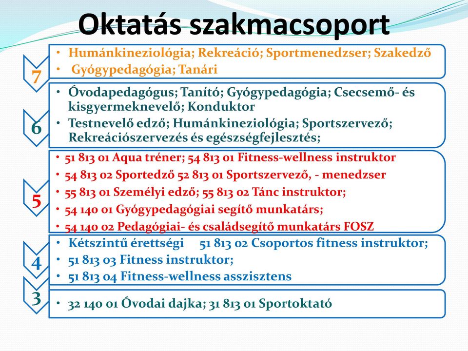 Sportedző 52 813 01 Sportszervező, - menedzser 55 813 01 Személyi edző; 55 813 02 Tánc instruktor; 5 54 140 01 Gyógypedagógiai segítő munkatárs; 54 140 02 Pedagógiai- és