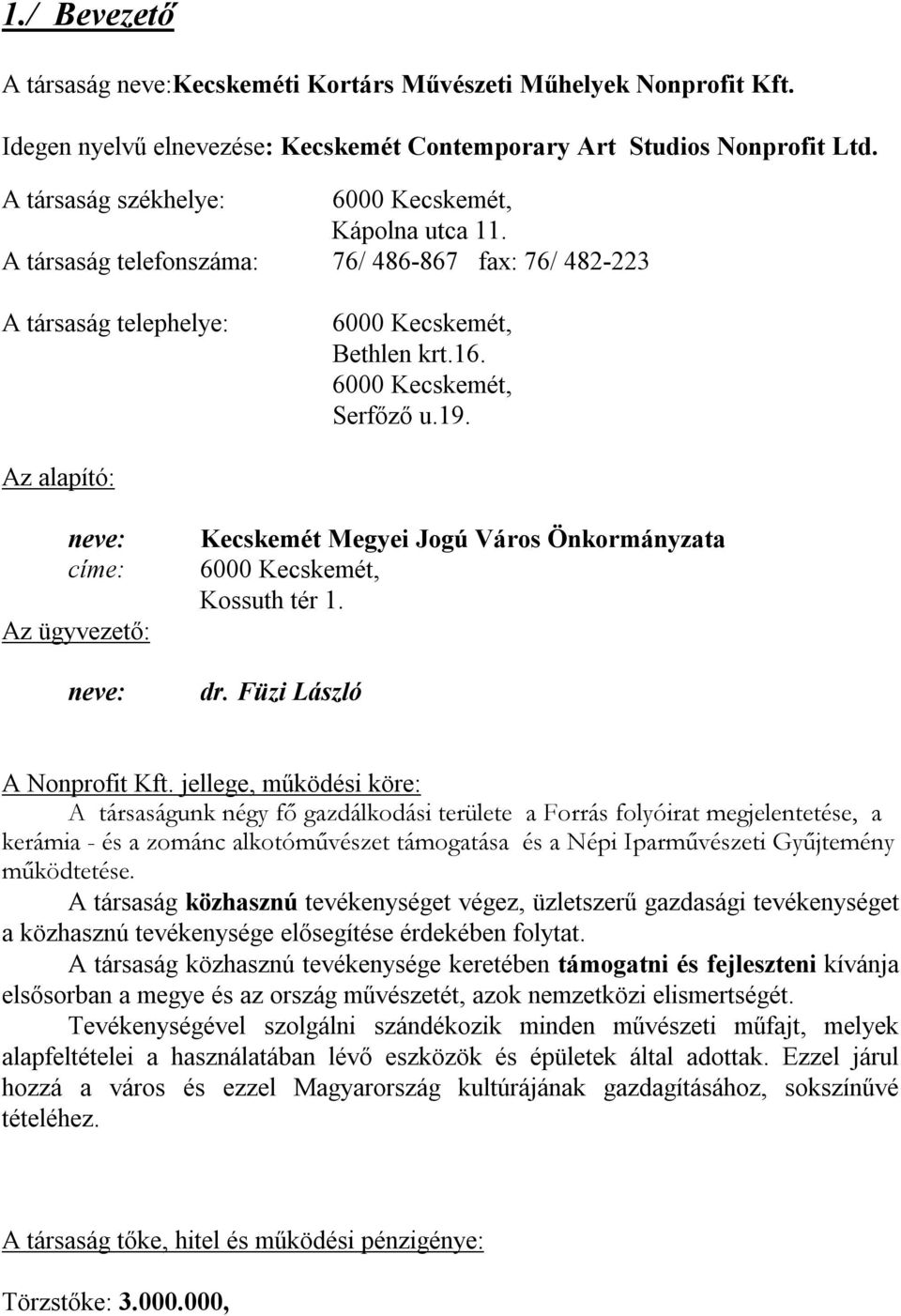 Az alapító: neve: címe: Az ügyvezető: neve: Kecskemét Megyei Jogú Város Önkormányzata 6000 Kecskemét, Kossuth tér 1. dr. Füzi László A Nonprofit Kft.