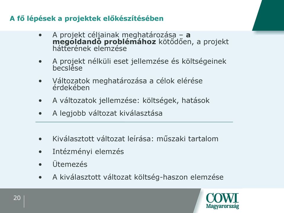 a célok elérése érdekében A változatok jellemzése: költségek, hatások A legjobb változat kiválasztása