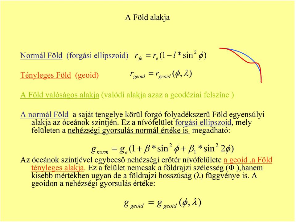 Ez a nívófelület forgási ellipszoid, mely felületen a nehézségi gyorsulás normál értéke is megadható: g norm g = e 2 (1 + β *sin φ + β *sin 2φ ) Az óceánok szintjével egybeeső
