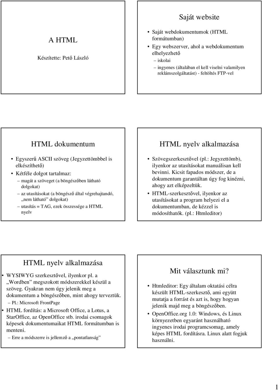 utasításokat (a böngész által végrehajtandó, nem látható dolgokat) utasítás = TAG, ezek összessége a HTML nyelv HTML nyelv alkalmazása Szövegszerkeszt vel (pl.