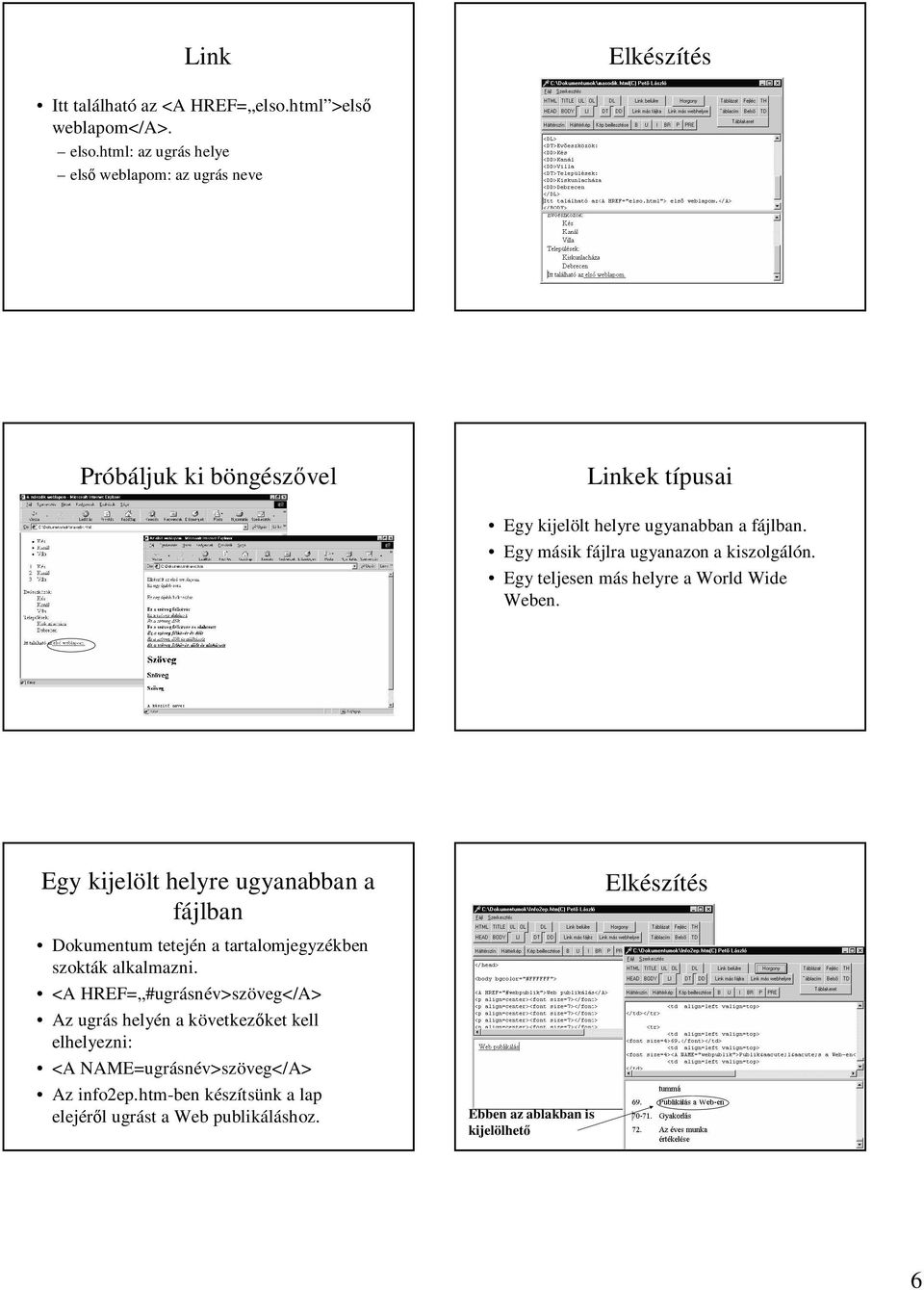 html: az ugrás helye els weblapom: az ugrás neve Próbáljuk ki böngész vel Linkek típusai Egy kijelölt helyre ugyanabban a fájlban.