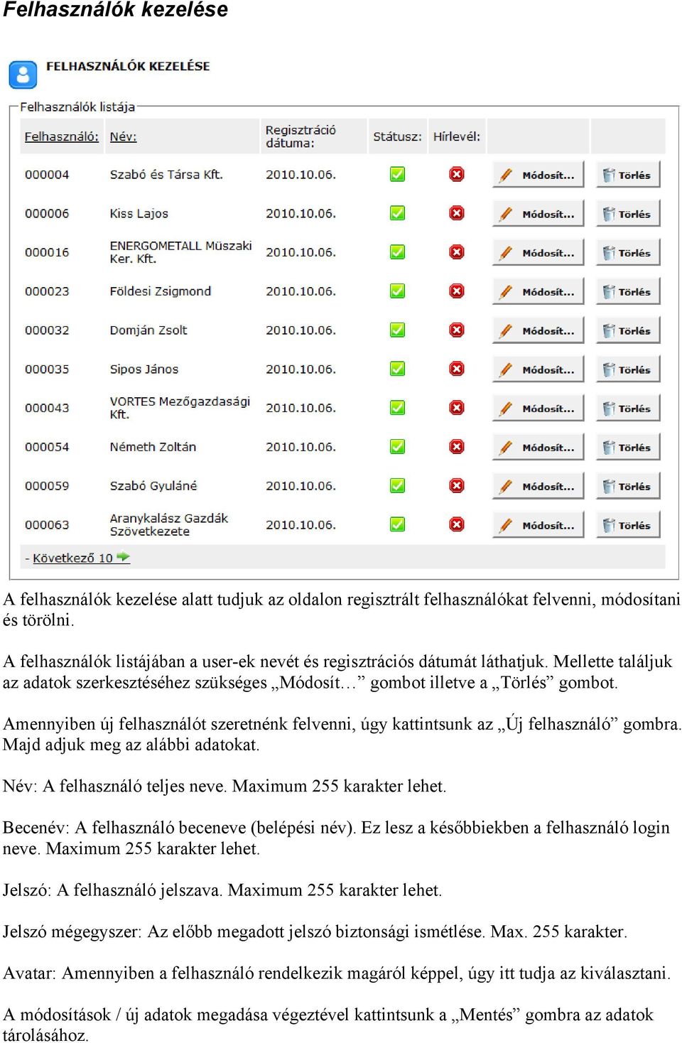 Amennyiben új felhasználót szeretnénk felvenni, úgy kattintsunk az Új felhasználó gombra. Majd adjuk meg az alábbi adatokat. Név: A felhasználó teljes neve. Maximum 255 karakter lehet.