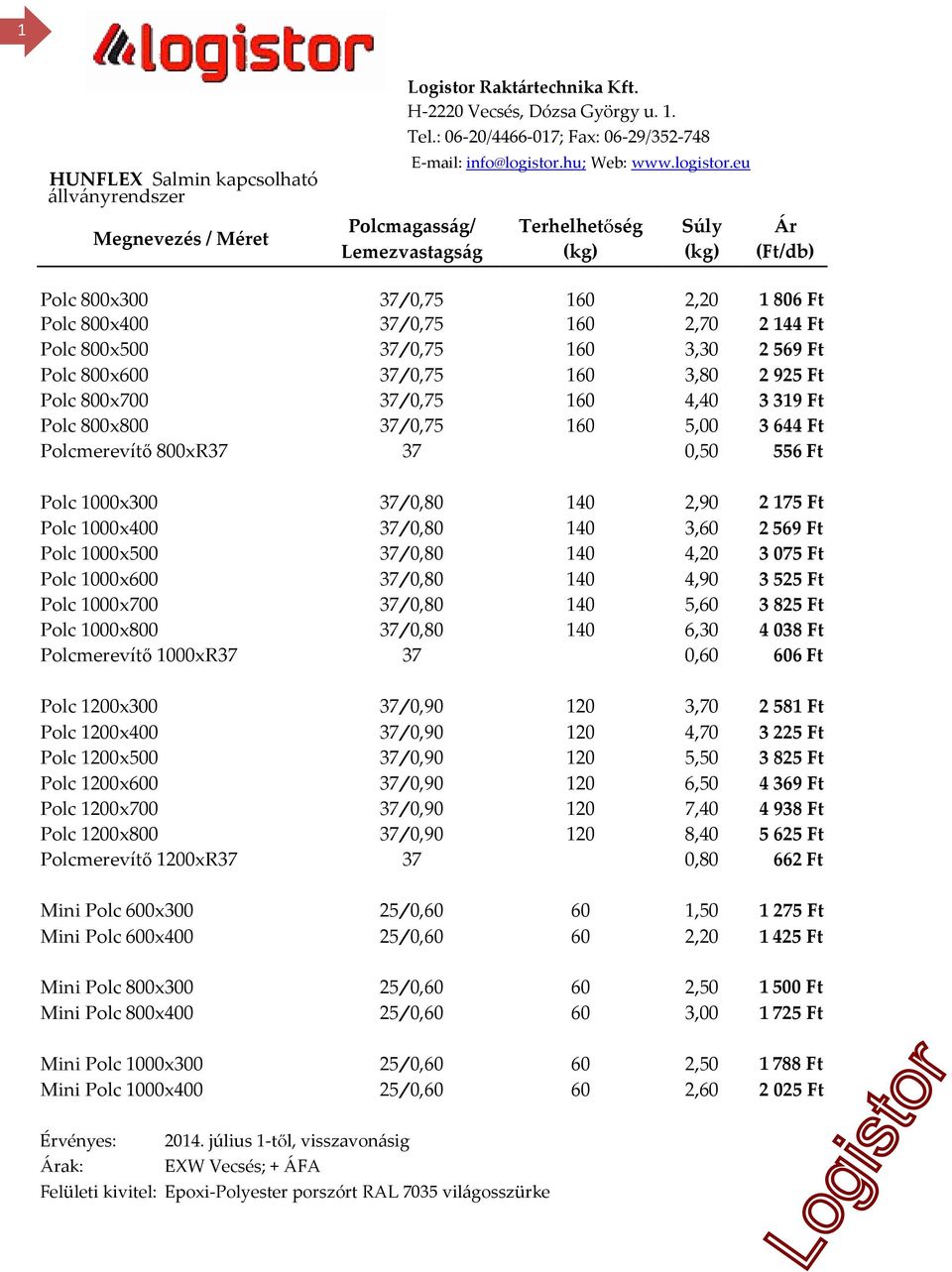 eu Polcmagasság/ Lemezvastagság Terhelhetőség Polc 800x300 37/0,75 160 2,20 1 806 Ft Polc 800x400 37/0,75 160 2,70 2 144 Ft Polc 800x500 37/0,75 160 3,30 2 569 Ft Polc 800x600 37/0,75 160 3,80 2 925