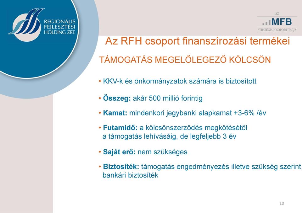 +3-6% /év Futamidő: a kölcsönszerződés megkötésétől a támogatás lehívásáig, de legfeljebb 3 év