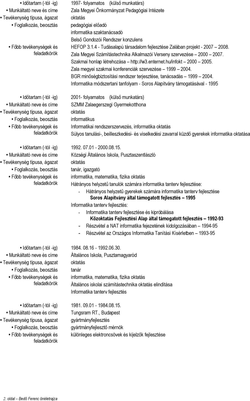 Szakmai honlap létrehozása http://w3.enternet.hu/infokt 2000 2005. Zala megyei szakmai konferenciák szervezése 1999 2004. BGR minőségbiztosítási rendszer terjesztése, tanácsadás 1999 2004.