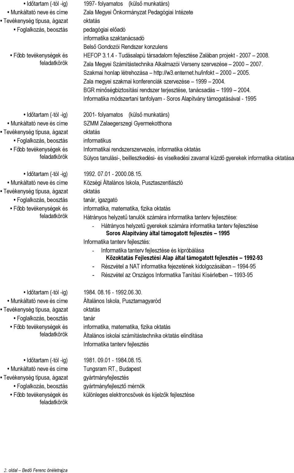 Szakmai honlap létrehozása http://w3.enternet.hu/infokt 2000 2005. Zala megyei szakmai konferenciák szervezése 1999 2004. BGR minőségbiztosítási rendszer terjesztése, tanácsadás 1999 2004.