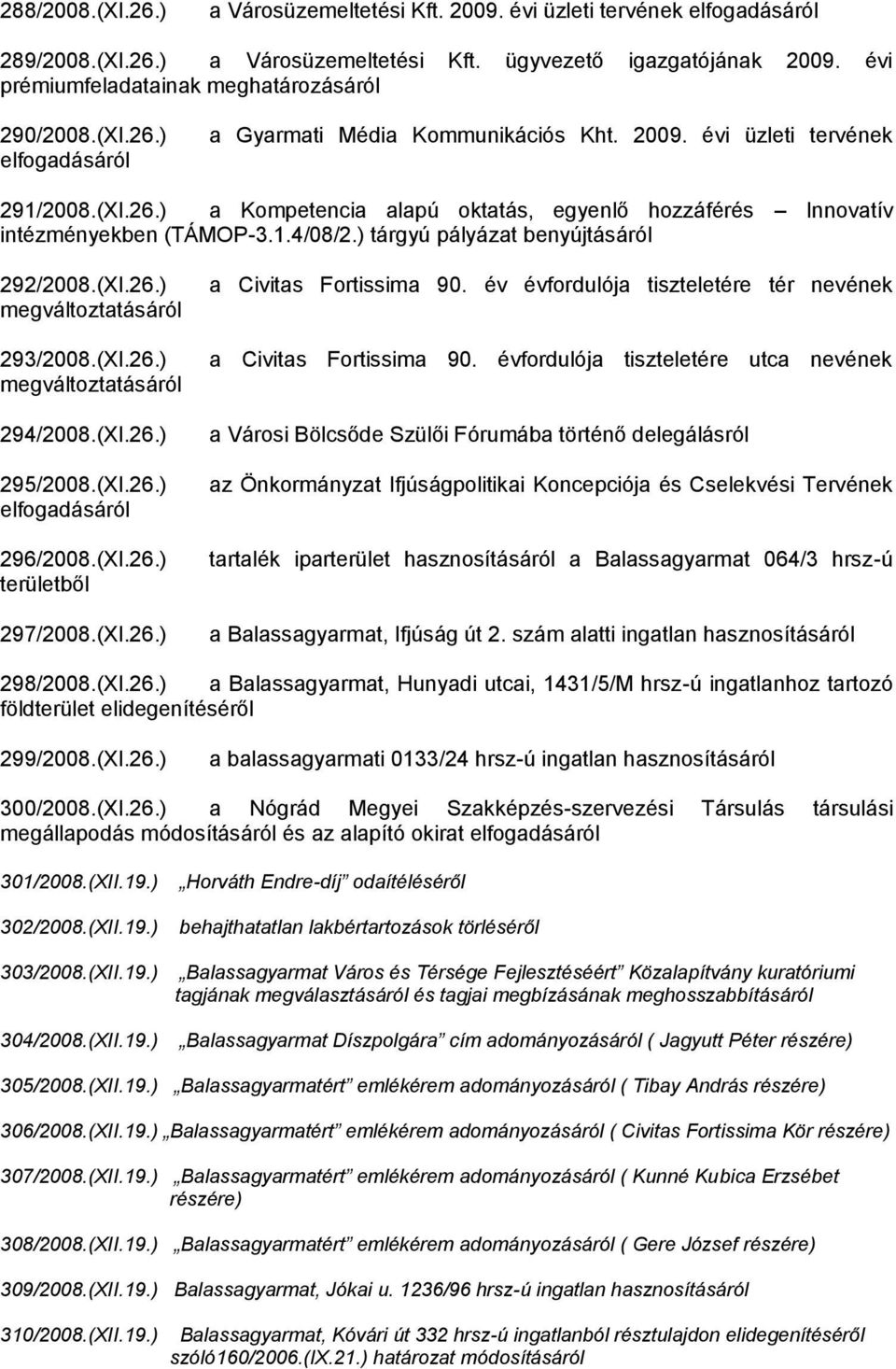 1.4/08/2.) tárgyú pályázat benyújtásáról 292/2008.(XI.26.) megváltoztatásáról 293/2008.(XI.26.) megváltoztatásáról 294/2008.(XI.26.) 295/2008.(XI.26.) elfogadásáról 296/2008.(XI.26.) területből 297/2008.