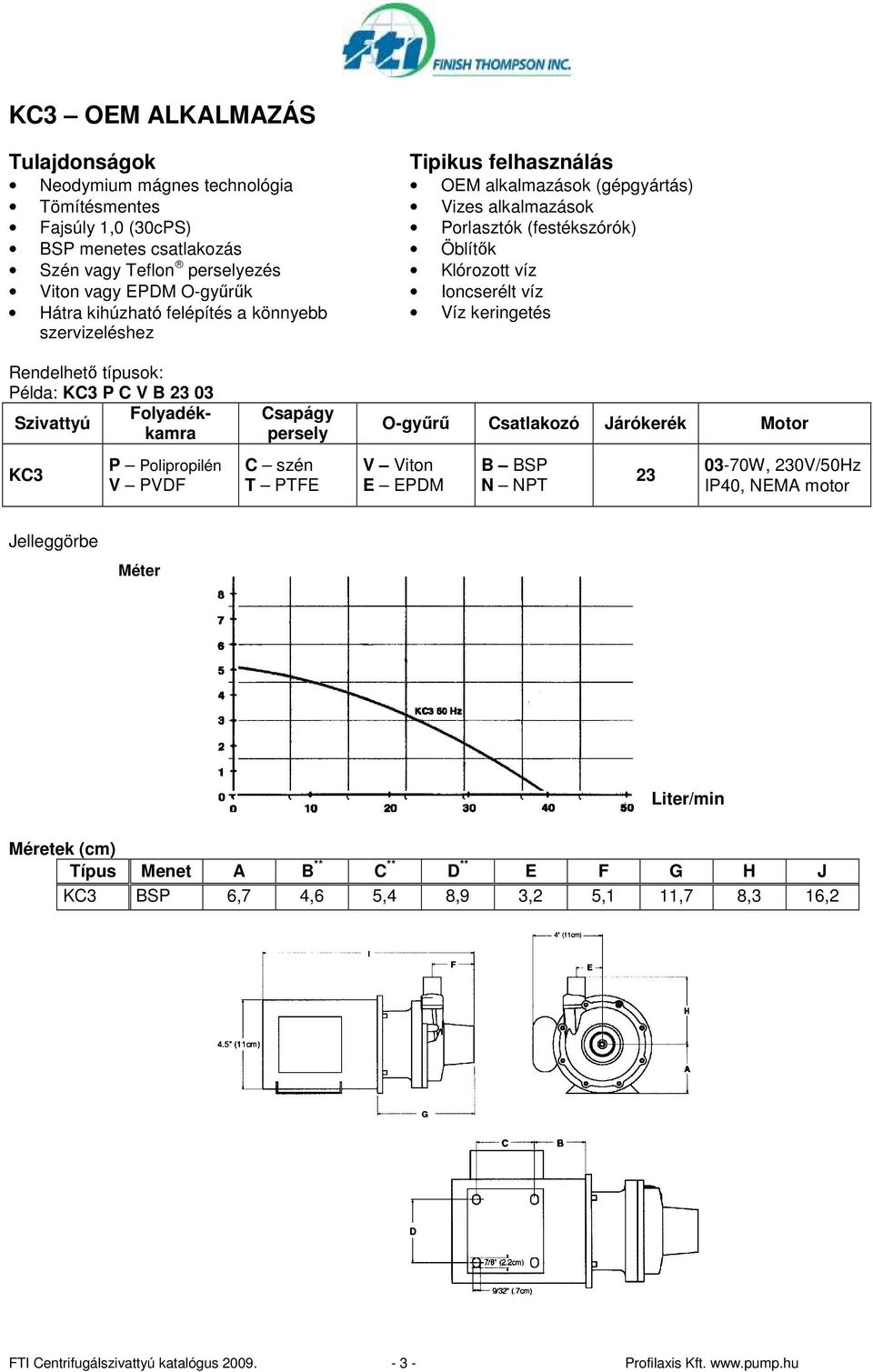 Rendelhetı típusok: Példa: KC3 P C V B 23 03 Folyadékkamra Szivattyú KC3 P Polipropilén V PVDF C szén T PTFE O-győrő Csatlakozó Motor V Viton E EPDM B BSP N NPT 23 03-70W, 230V/50Hz IP40,