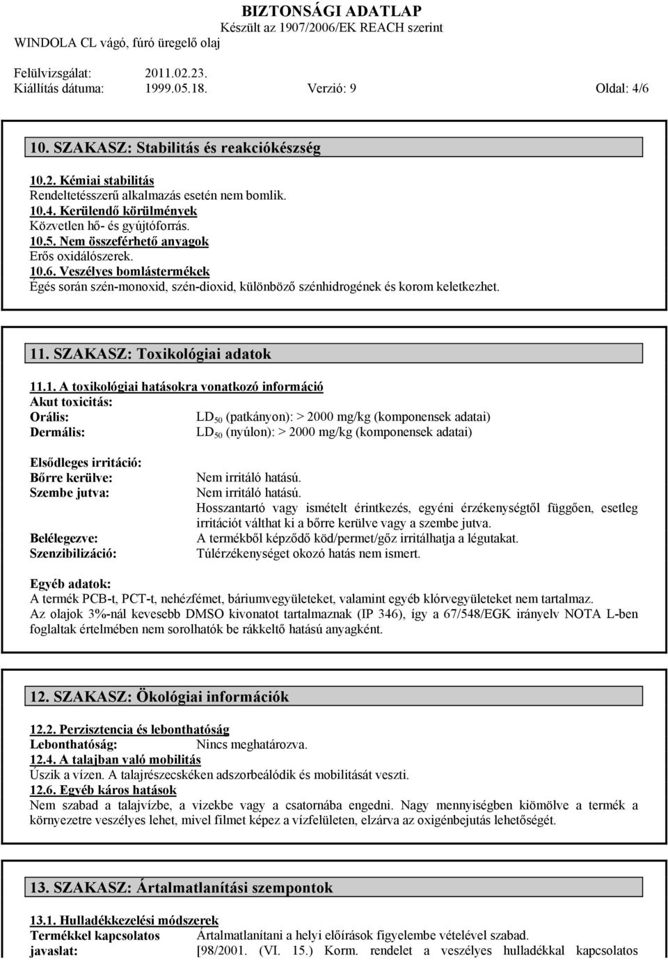 SZAKASZ: Toxikológiai adatok 11