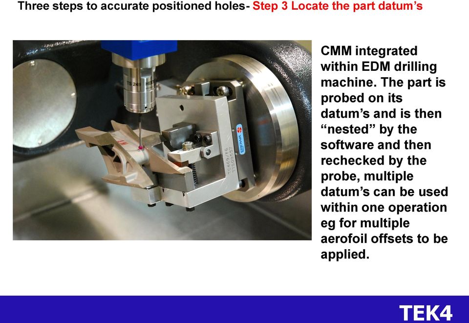 The part is probed on its datum s and is then nested by the software and then rechecked by