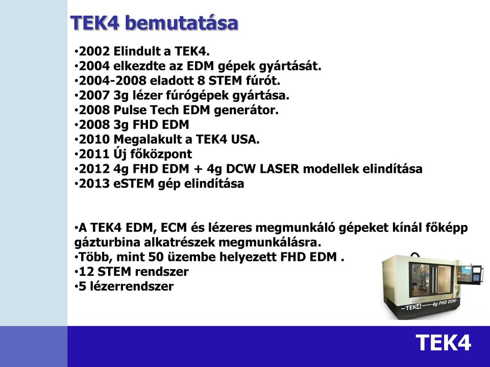 2011 Új főközpont 2012 4g FHD EDM + 4g DCW LASER modellek elindítása 2013 estem gép elindítása A EDM, ECM és