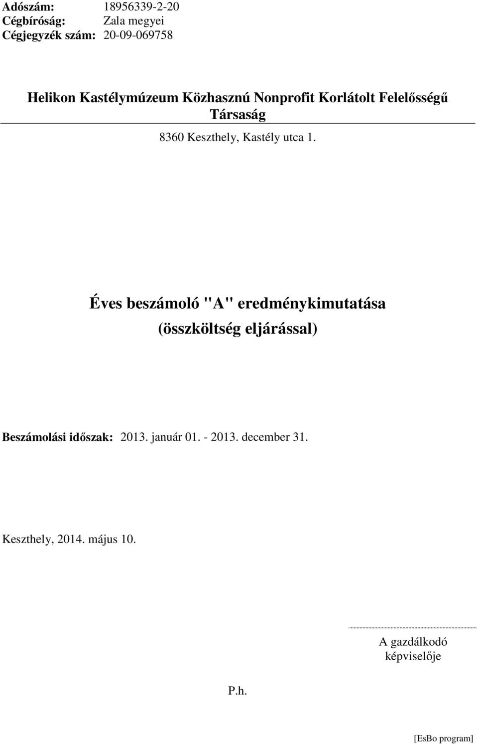 1. Éves beszámoló "A" eredménykimutatása (összköltség eljárással) Beszámolási időszak: 2013.