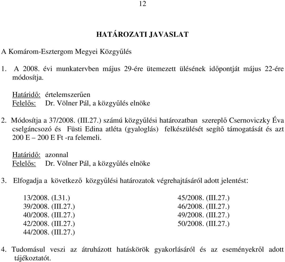 ) számú közgyőlési határozatban szereplı Csernoviczky Éva cselgáncsozó és Füsti Edina atléta (gyaloglás) felkészülését segítı támogatását és azt 200 E 200 E Ft -ra felemeli.