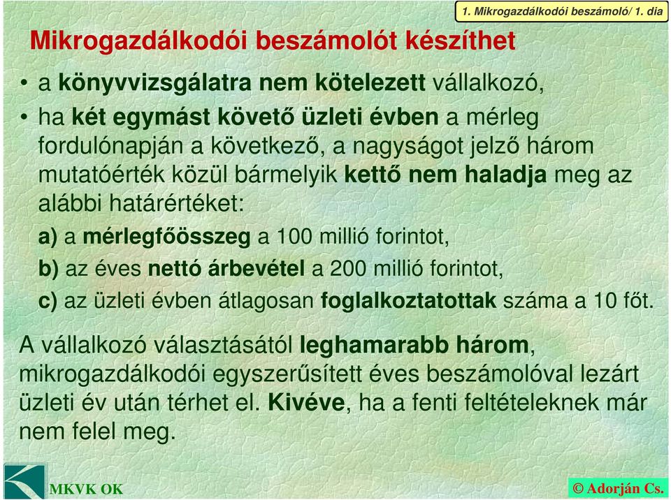 árbevétel a 200 millió forintot, 1. Mikrogazdálkodói beszámoló/ 1. dia c) az üzleti évben átlagosan foglalkoztatottak száma a 10 főt.