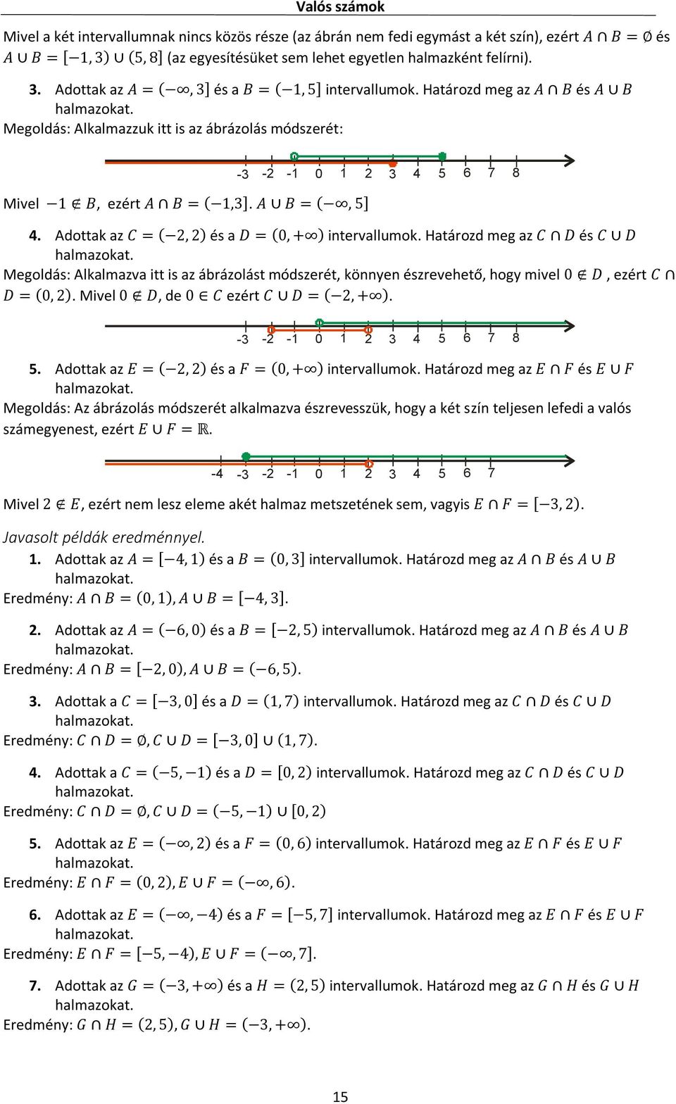 Adottak az C = (, ) és a D = (0, + ) intervallumok. Határozd meg az C D és C D halmazokat. Alkalmazva itt is az ábrázolást módszerét, könnyen észrevehető, hogy mivel 0 D, ezért C D = (0, ).