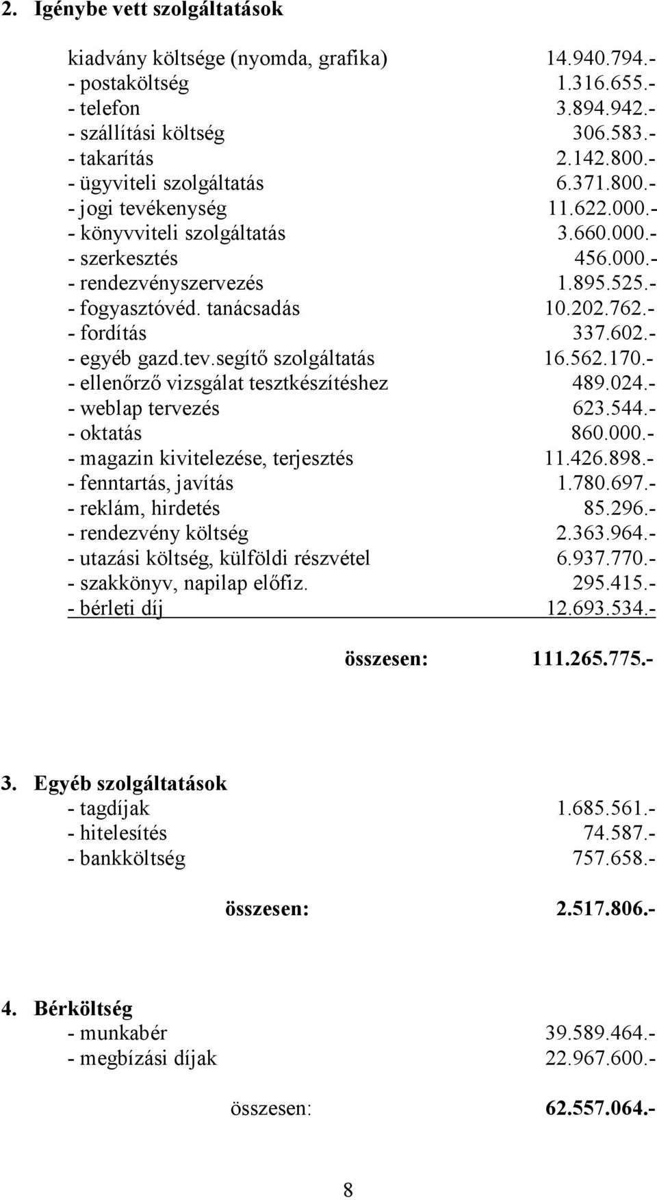 202.762.- - fordítás 337.602.- - egyéb gazd.tev.segítı szolgáltatás 16.562.170.- - ellenırzı vizsgálat tesztkészítéshez 489.024.- - weblap tervezés 623.544.- - oktatás 860.000.