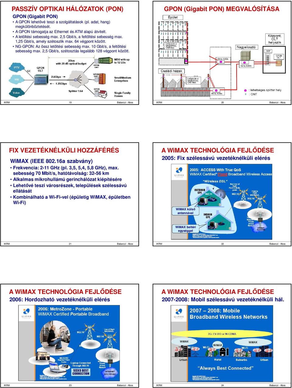 2,5 Gbit/s, szétosztás legalább 128 végpont között. GPON (Gigabit PON) MEGVALÓSÍTÁSA IKRM 19 IKRM 20 FIX VEZETÉKNÉLKÜLI HOZZÁFÉRÉS WiMAX (IEEE 802.16a szabvány) Frekvencia: 2-11 GHz (pl.