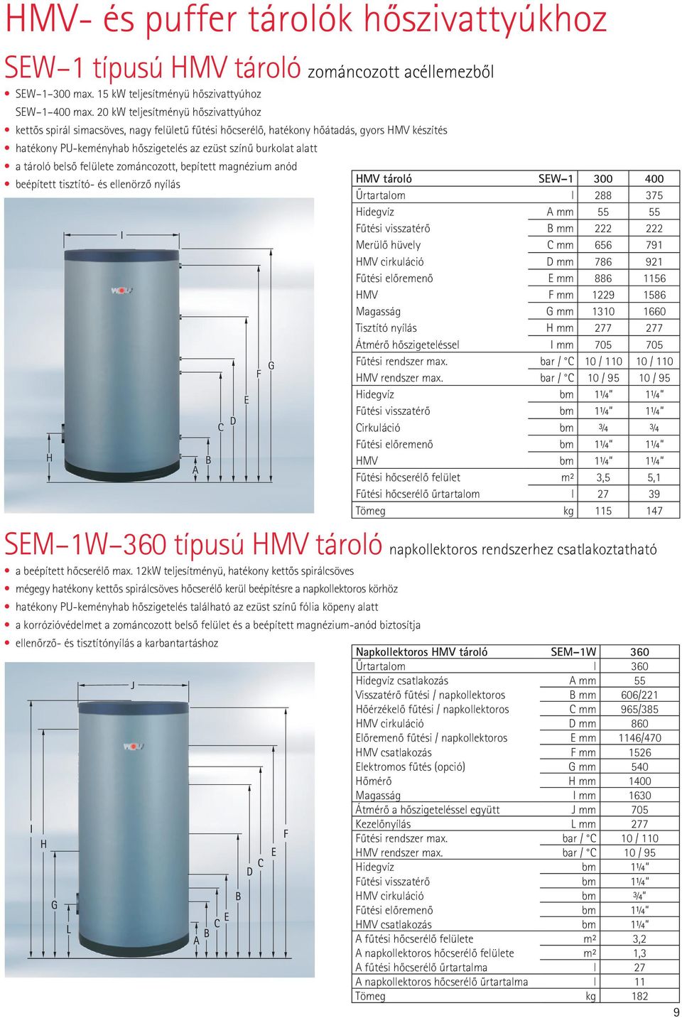 tároló belsô felülete zománcozott, bepített magnézium anód beépített tisztító- és ellenörzô nyílás H I A B C D E F G HMV tároló SEW 1 300 400 Ûrtartalom l 288 375 Hidegvíz A mm 55 55 Fûtési