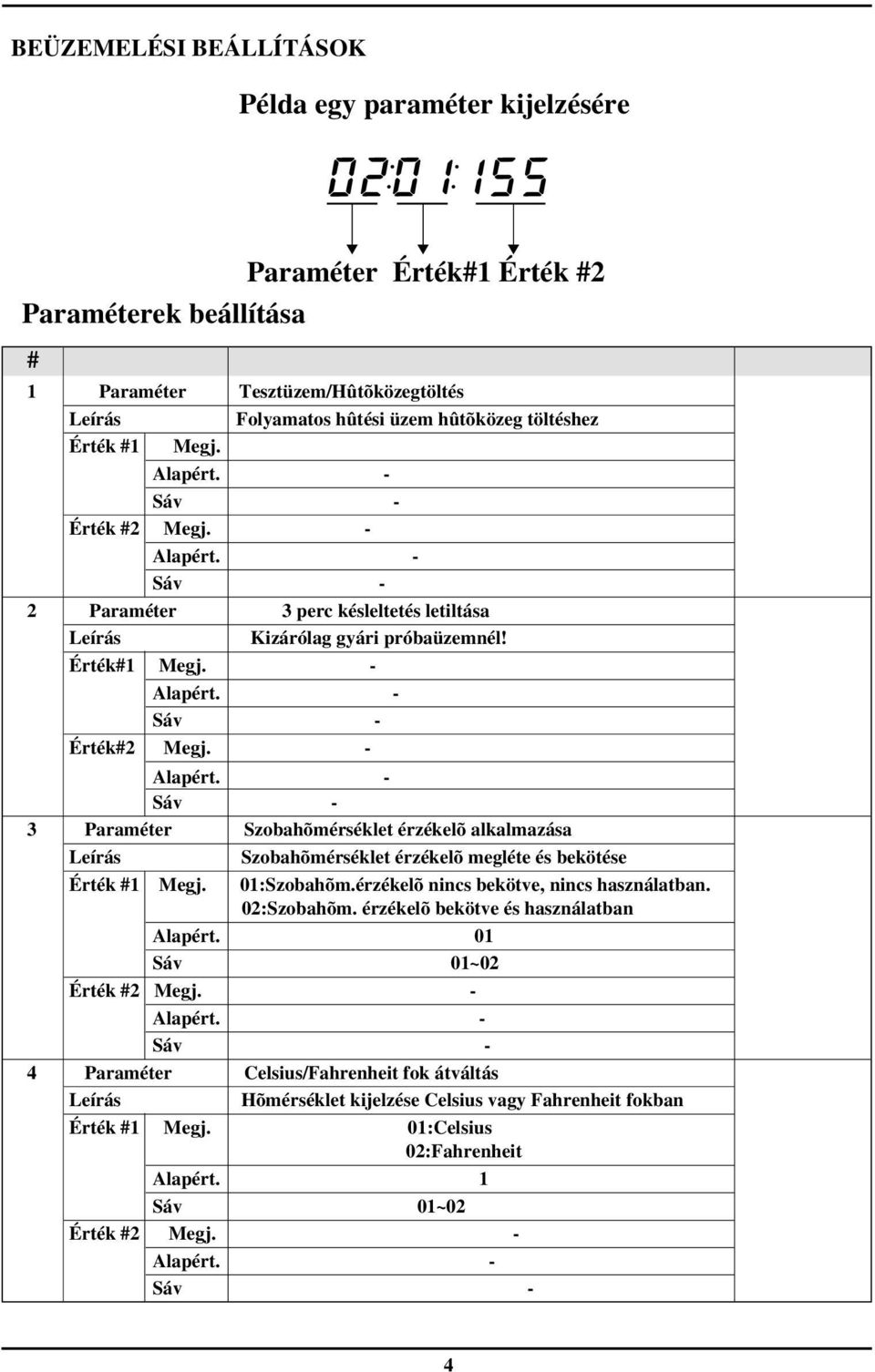 - - Sáv - 3 Paraméter Szobahõmérséklet érzékelõ alkalmazása Szobahõmérséklet érzékelõ megléte és bekötése Érték #1 Megj. 01:Szobahõm.érzékelõ nincs bekötve, nincs használatban. 02:Szobahõm.