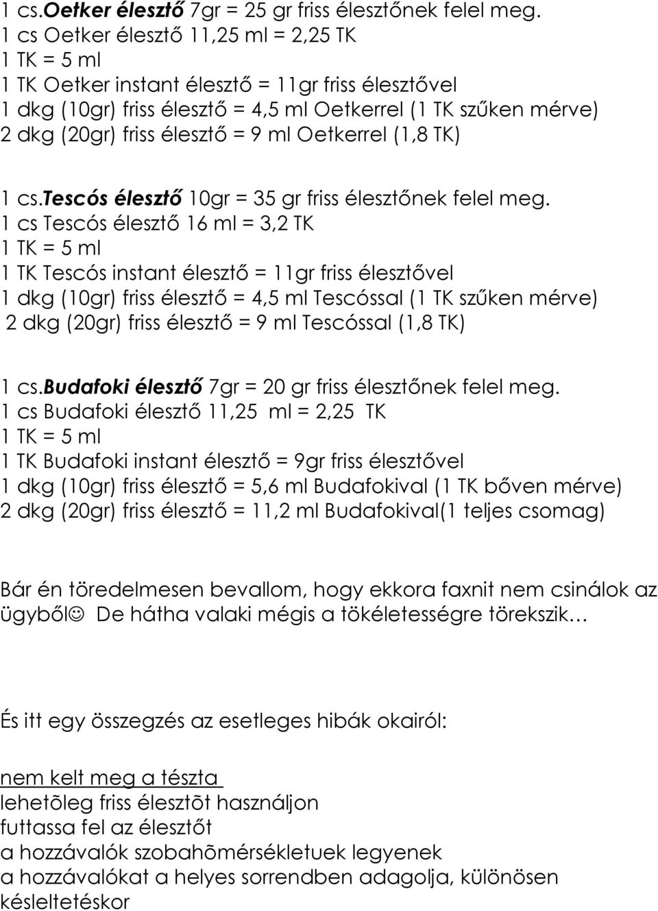 ml Oetkerrel (1,8 TK) 1 cs.tescós élesztő 10gr = 35 gr friss élesztőnek felel meg.