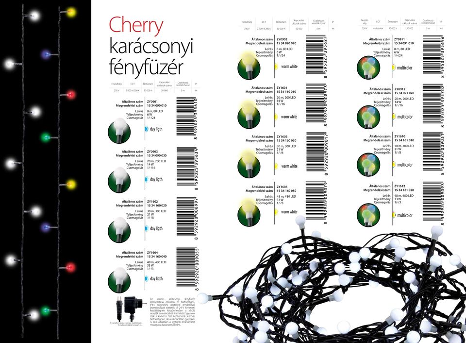 160 020 30 m, 300 LED 21 W ZY1605 15 34 160 050 48 m, 480 LED 33 W ZY1612 15 34 161 020 48 m, 480 LED 33 W ZY1604 15 34 160 040 48 m, 480 LED 33 W Az összes fényfüzér áramellátása ellenálló és