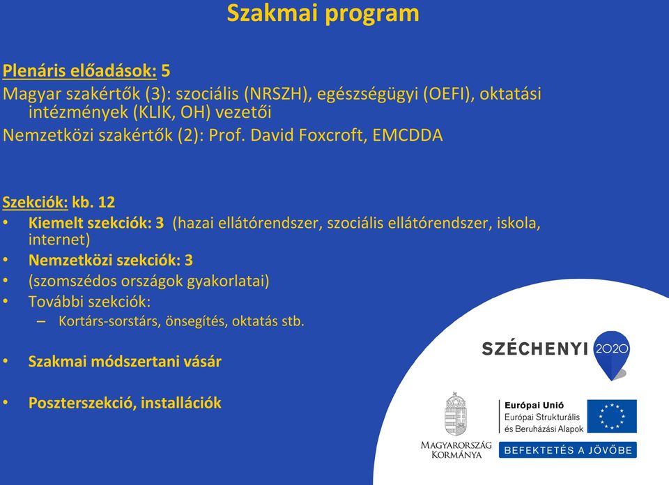 12 Kiemelt szekciók: 3 (hazai ellátórendszer, szociális ellátórendszer, iskola, internet) Nemzetközi szekciók: 3