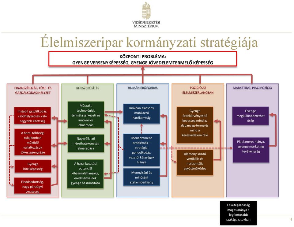 Eladósodottság, nagy pénzügyi veszteség Műszaki, technológiai, termékszerkezeti és innovációs elmaradás Nagyvállalati mérethatékonyság elmaradása A hazai kutatási potenciál kihasználatlansága,