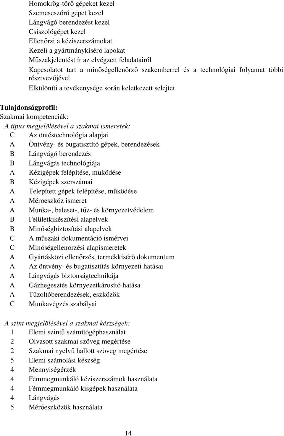 kompetenciák: A típus megjelölésével a szakmai ismeretek: C Az öntéstechnológia alapjai A Öntvény- és bugatisztító gépek, berendezések B Lángvágó berendezés B Lángvágás technológiája A Kézigépek