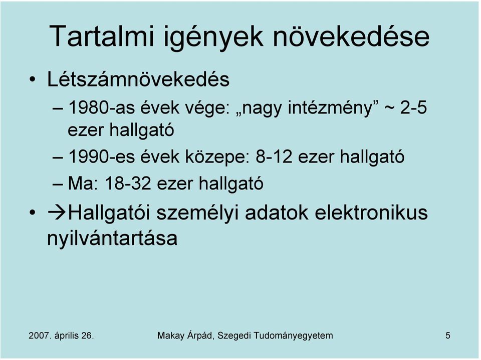 hallgató Ma: 18-32 ezer hallgató Hallgatói személyi adatok