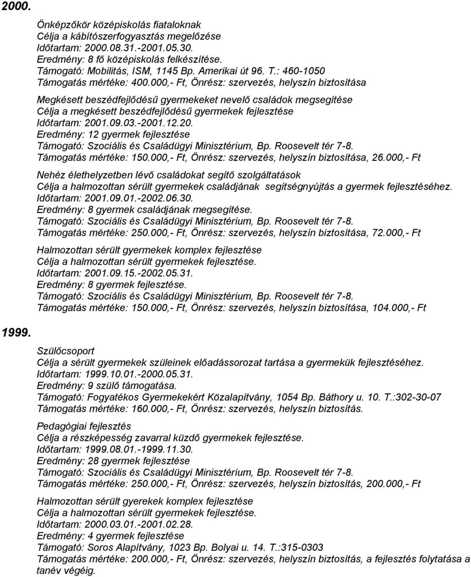 000,- Ft, Önrész: szervezés, helyszín biztosítása Megkésett beszédfejlődésű gyermekeket nevelő családok megsegítése Célja a megkésett beszédfejlődésű gyermekek fejlesztése Időtartam: 2001.09.03.-2001.