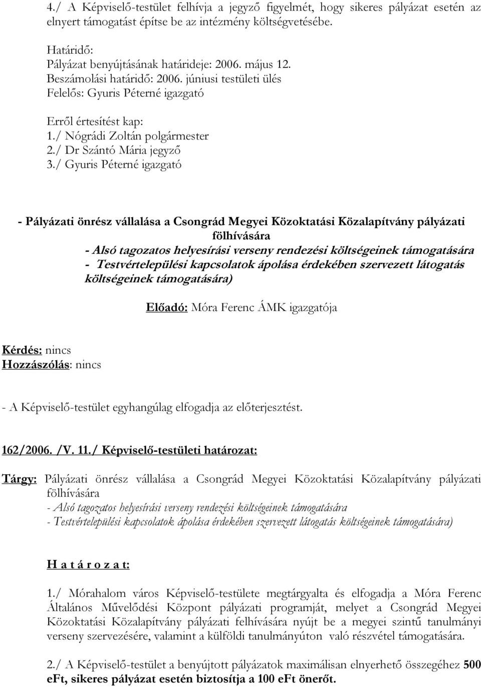 / Gyuris Péterné igazgató - Pályázati önrész vállalása a Csongrád Megyei Közoktatási Közalapítvány pályázati - Alsó tagozatos helyesírási verseny rendezési költségeinek támogatására -