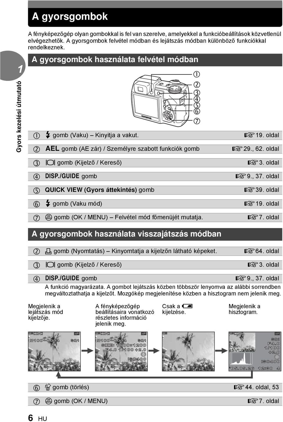 [ gomb (AE zár) / Személyre szabott funkciók gomb u gomb (Kijelző / Kereső) y gomb QUICK VIEW (Gyors áttekintés) gomb # gomb (Vaku mód) Z gomb (OK / MENU) Felvétel mód főmenüjét mutatja.