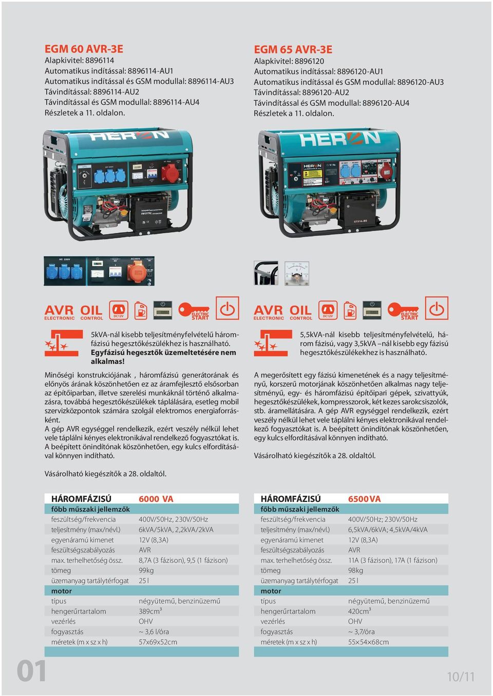 EGM 65 AVR-3E Alapkivitel: 8896120 Automatikus indítással: 8896120-AU1 Automatikus indítással és GSM modullal: 8896120-AU3 Távindítással: 8896120-AU2 Távindítással és GSM modullal: 8896120-AU4 