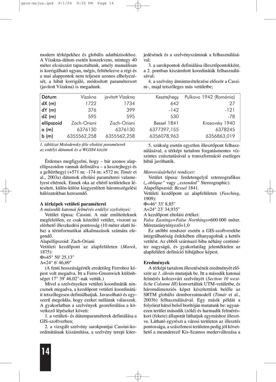 hibát korrigáló módosított paramétersort (javított Vízakna) is megadunk. A térképek vetületi paraméterei A második katonai felmérés erdélyi szelvényei: Vetület típusa: Cassini.