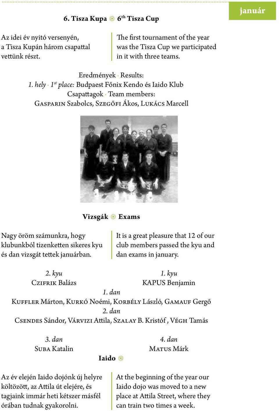 kyu és dan vizsgát tettek januárban. It is a great pleasure that 12 of our club members passed the kyu and dan exams in january. 2. kyu Czifrik Balázs 1. kyu KAPUS Benjamin 1.