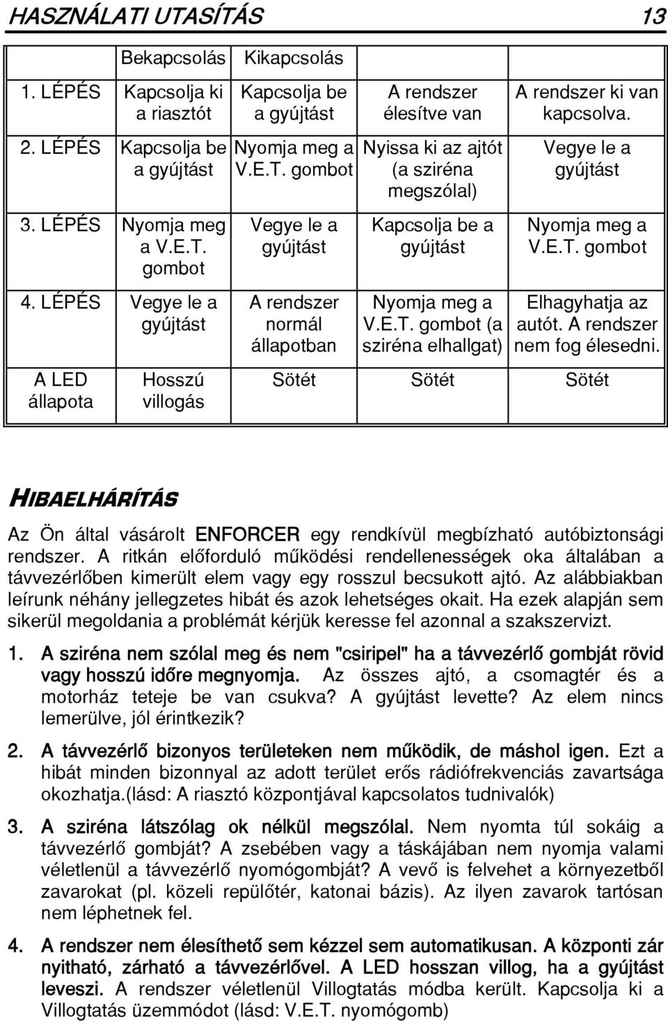 gombot Vegye le a gyújtást A rendszer normál állapotban Sötét A rendszer élesítve van Nyissa ki az ajtót (a sziréna megszólal) Kapcsolja be a gyújtást Nyomja meg a V.E.T.