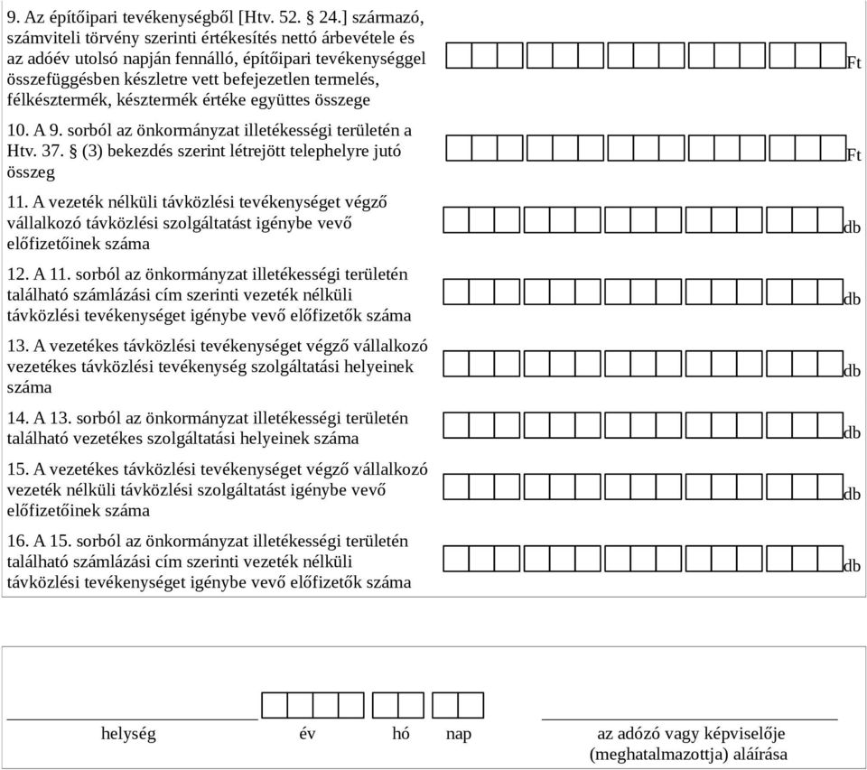 késztermék értéke együttes összege 10. A 9. sorból az önkormányzat illetékességi területén a Htv. 37. (3) bekezdés szerint létrejött telephelyre jutó összeg 11.