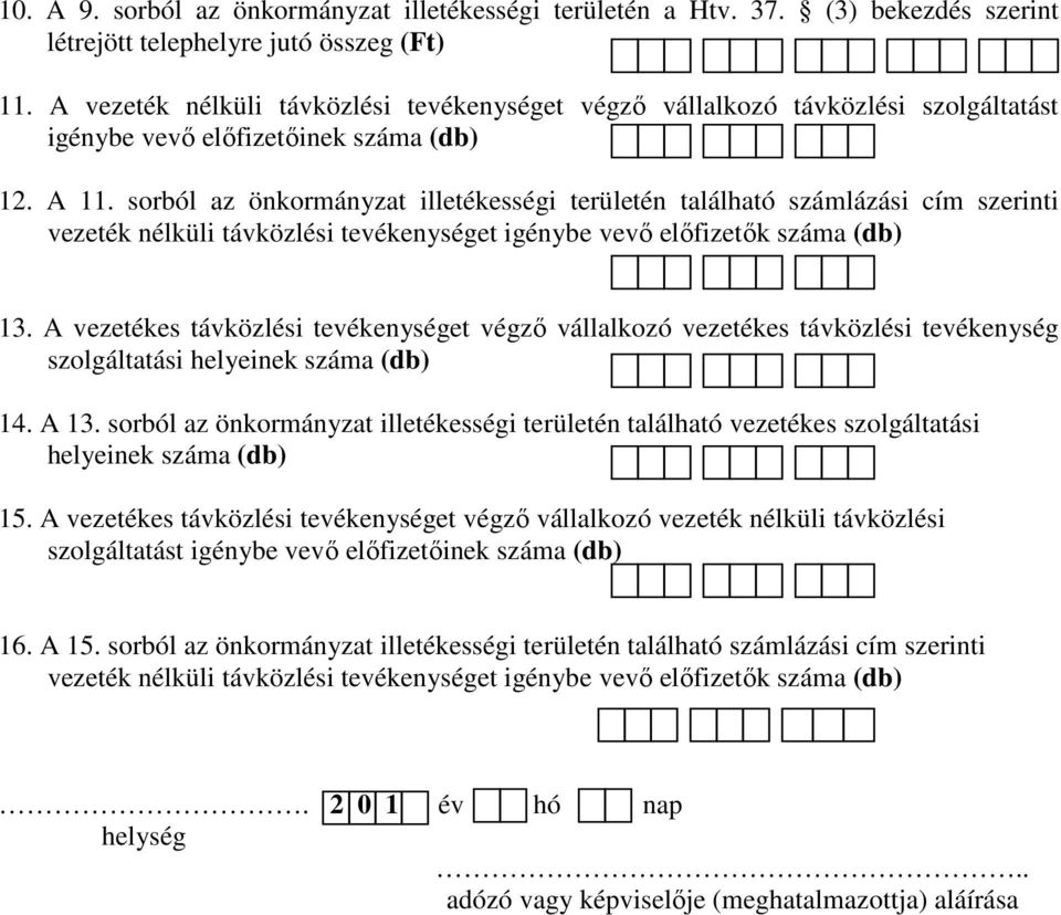 sorból az önkormányzat illetékességi területén található számlázási cím szerinti vezeték nélküli távközlési tevékenységet igénybe vevő előfizetők száma (db) 13.