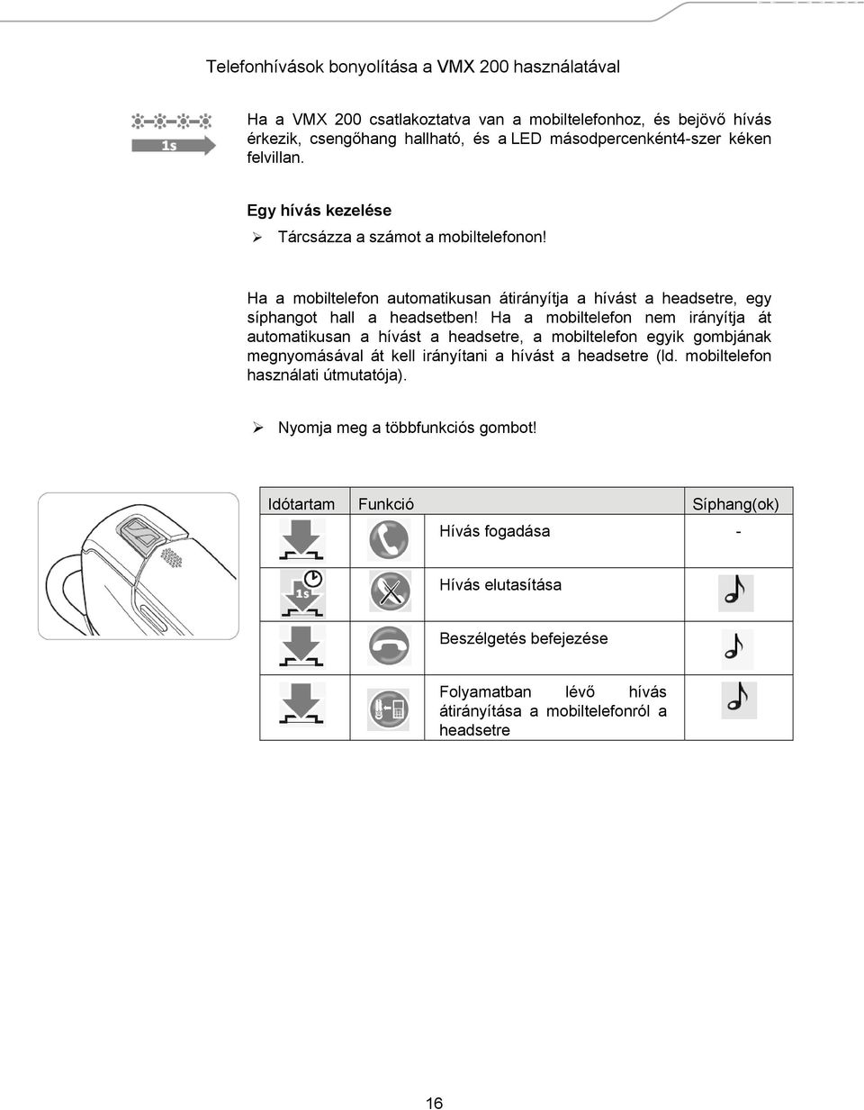 Ha a mobiltelefon nem irányítja át automatikusan a hívást a headsetre, a mobiltelefon egyik gombjának megnyomásával át kell irányítani a hívást a headsetre (ld.