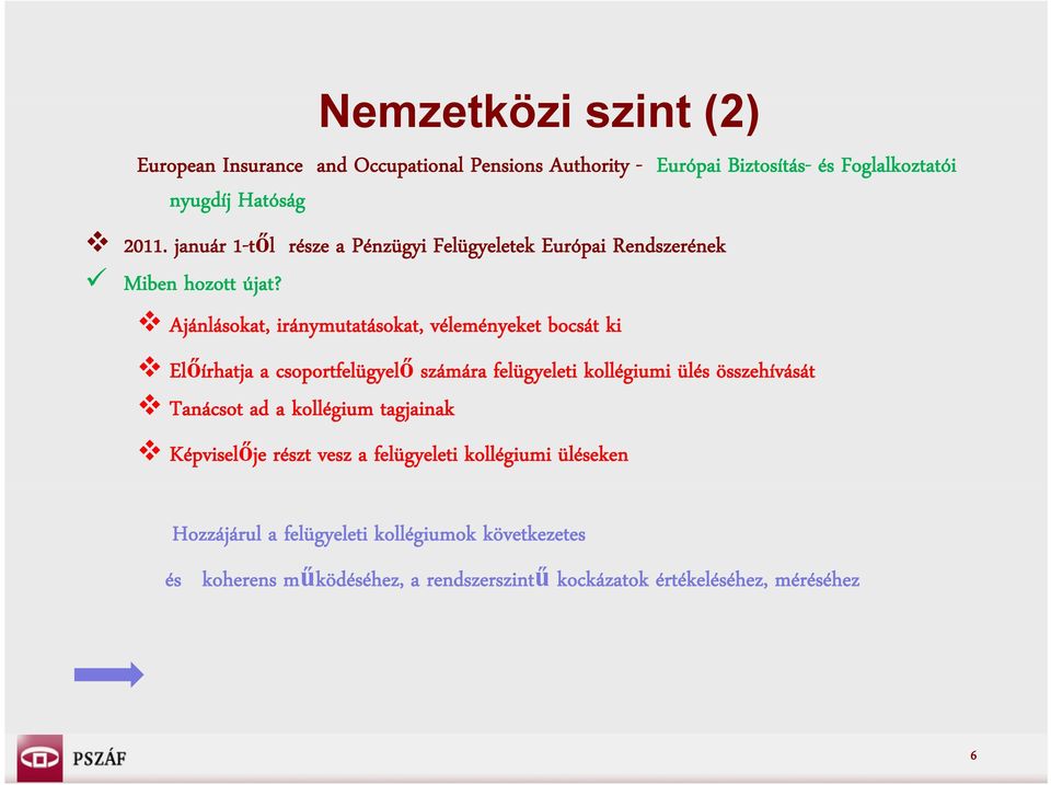 Ajánlásokat, iránymutatásokat, véleményeket bocsát ki Előírhatja a csoportfelügyelő számára felügyeleti kollégiumi ülés összehívását Tanácsot