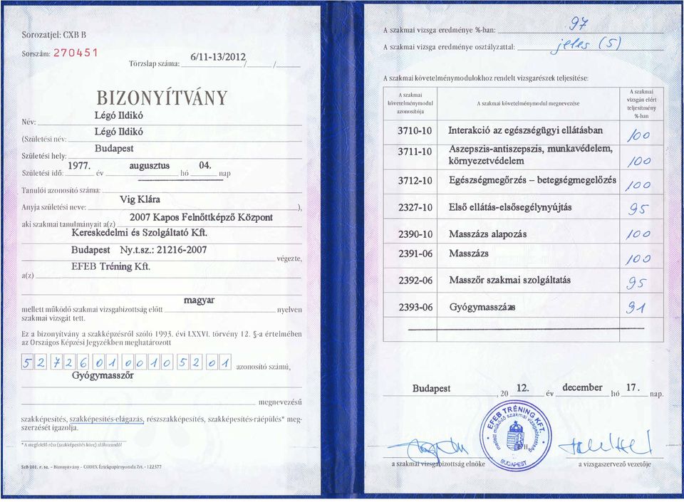 a(z) :::= hó o Budapest Ny.t.sz.: 21216-2007 EFEB Tréning Kft. nap végezte,.::. mellett működő szakmai vizsgabizottság előtt szakmai vizsgát tett.