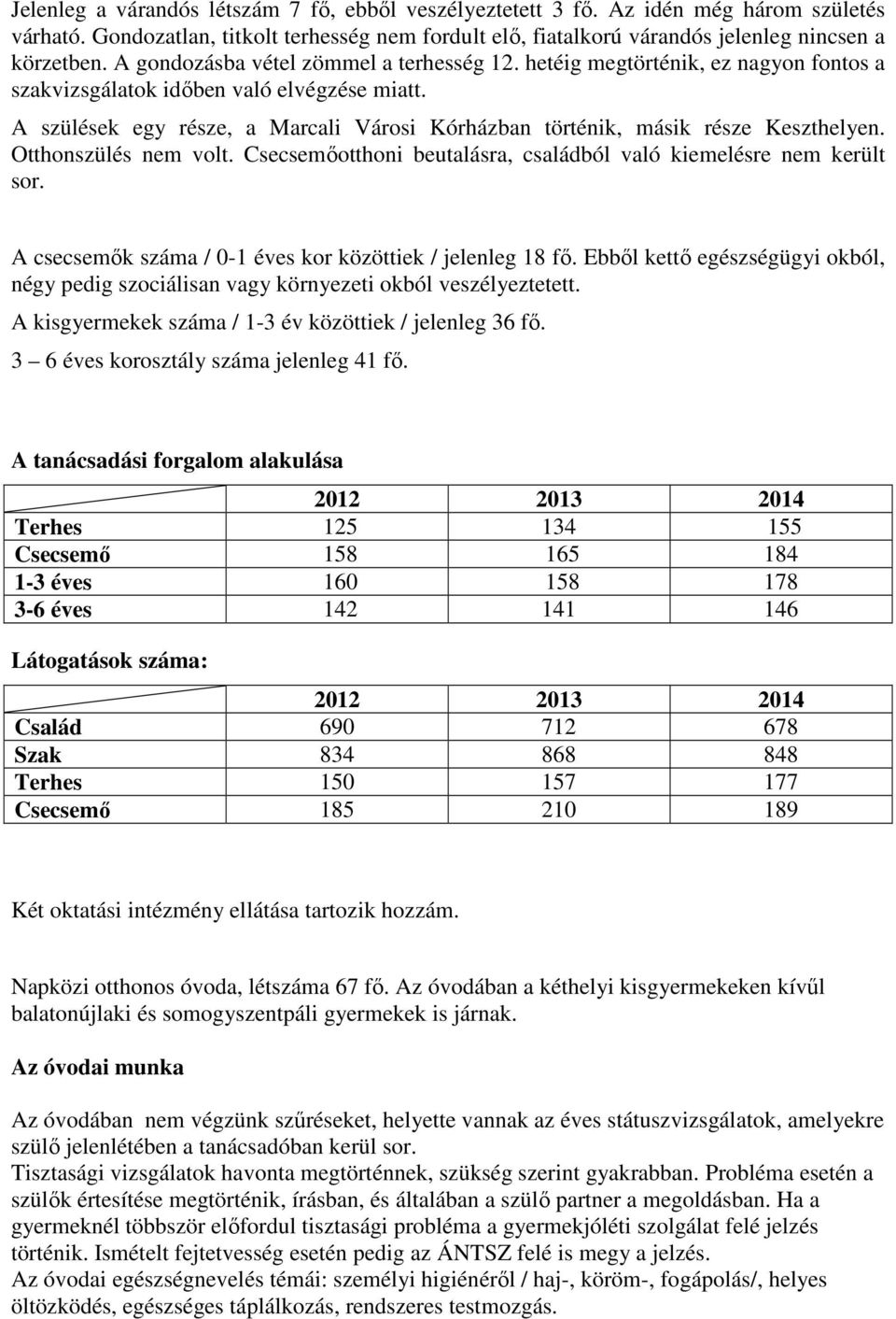 A szülések egy része, a Marcali Városi Kórházban történik, másik része Keszthelyen. Otthonszülés nem volt. Csecsemıotthoni beutalásra, családból való kiemelésre nem került sor.