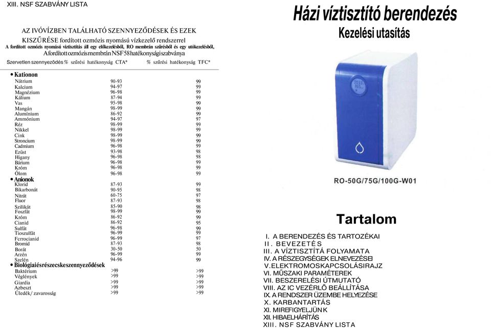 berendezés Kezelési utasítás Kationon Nátrium Kalcium Magnézium Kálium Vas Mangán Alumínium Ammónium Réz Nikkel Cink Stroncium Cadmium Ezüst Higany Bárium Króm Ólom Anionok Klorid Bikarbonát Nitrát