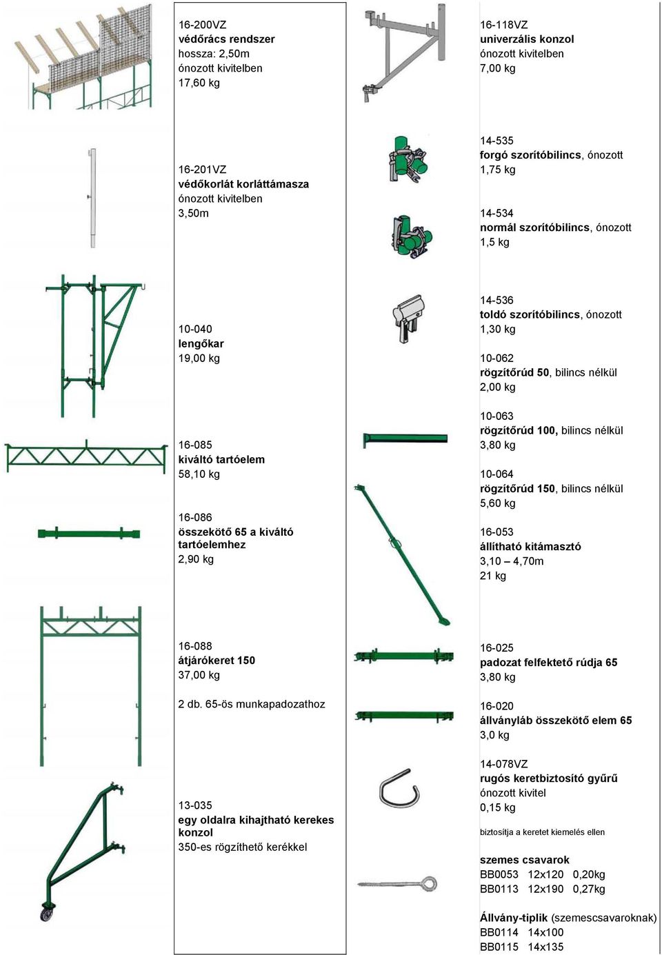 szorítóbilincs, ónozott 1,30 kg 10-062 rögzítőrúd 50, bilincs nélkül 2,00 kg 10-063 rögzítőrúd 100, bilincs nélkül 3,80 kg 10-064 rögzítőrúd 150, bilincs nélkül 5,60 kg 16-053 állítható kitámasztó