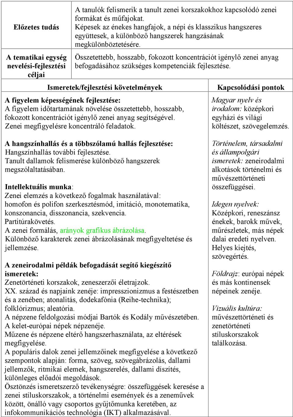 Összetettebb, hosszabb, fokozott koncentrációt igénylő zenei anyag befogadásához szükséges kompetenciák fejlesztése.