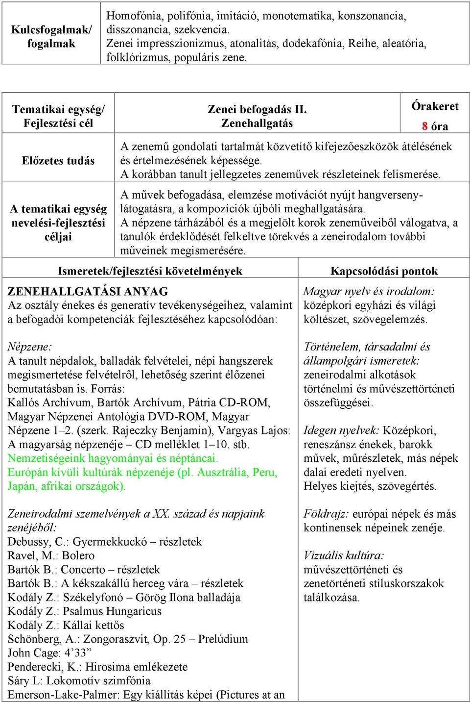 A korábban tanult jellegzetes zeneművek részleteinek felismerése. A művek befogadása, elemzése motivációt nyújt hangversenylátogatásra, a kompozíciók újbóli meghallgatására.