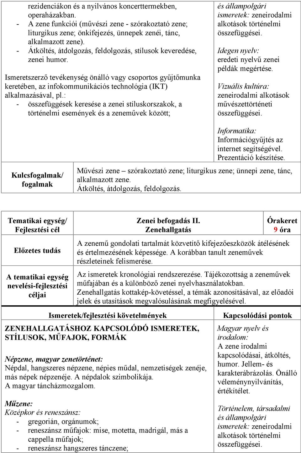 : - összefüggések keresése a zenei stíluskorszakok, a történelmi események és a zeneművek között; és állampolgári ismeretek: zeneirodalmi alkotások történelmi összefüggései.