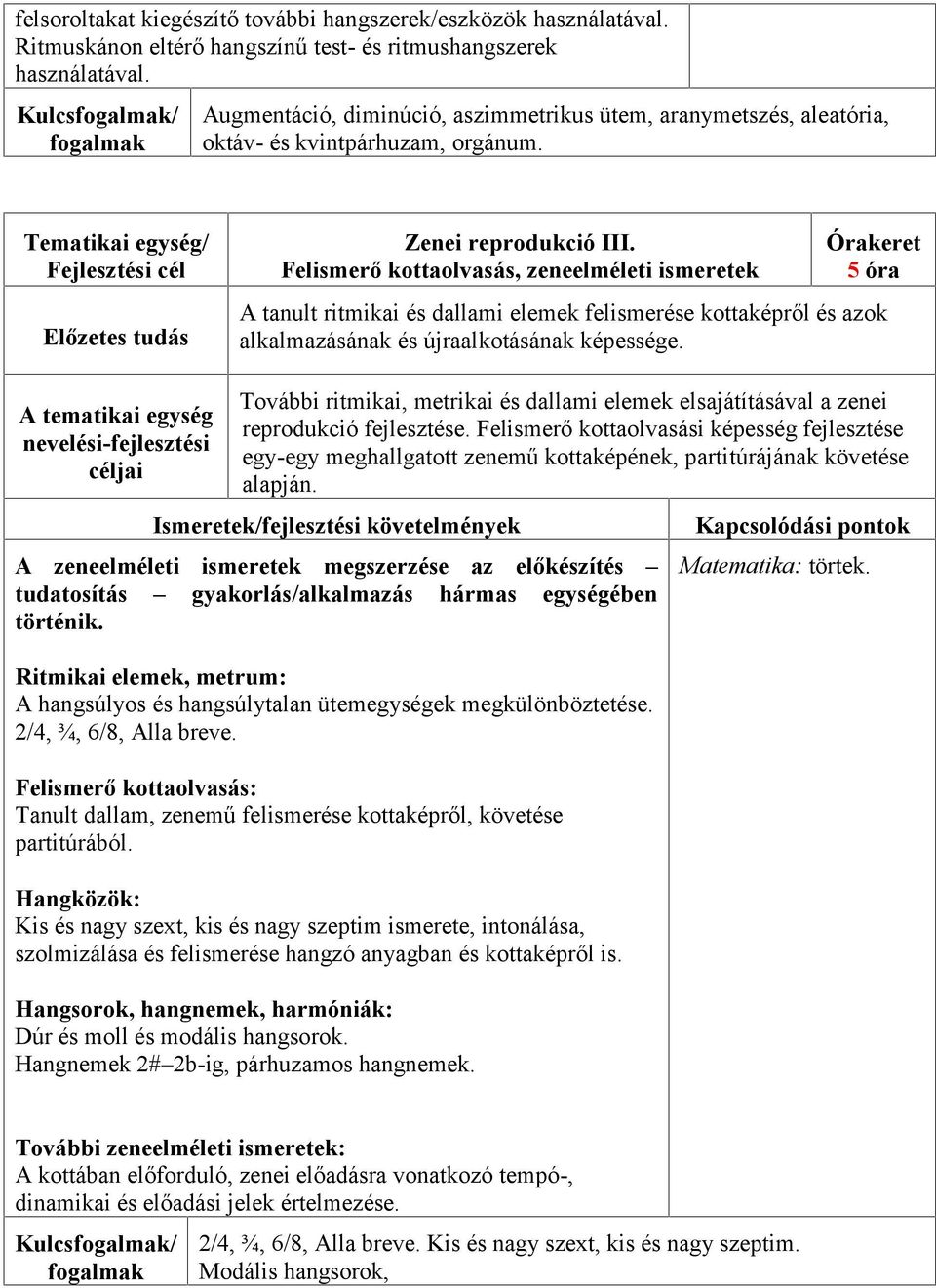 Felismerő kottaolvasás, zeneelméleti ismeretek 5 óra A tanult ritmikai és dallami elemek felismerése kottaképről és azok alkalmazásának és újraalkotásának képessége.