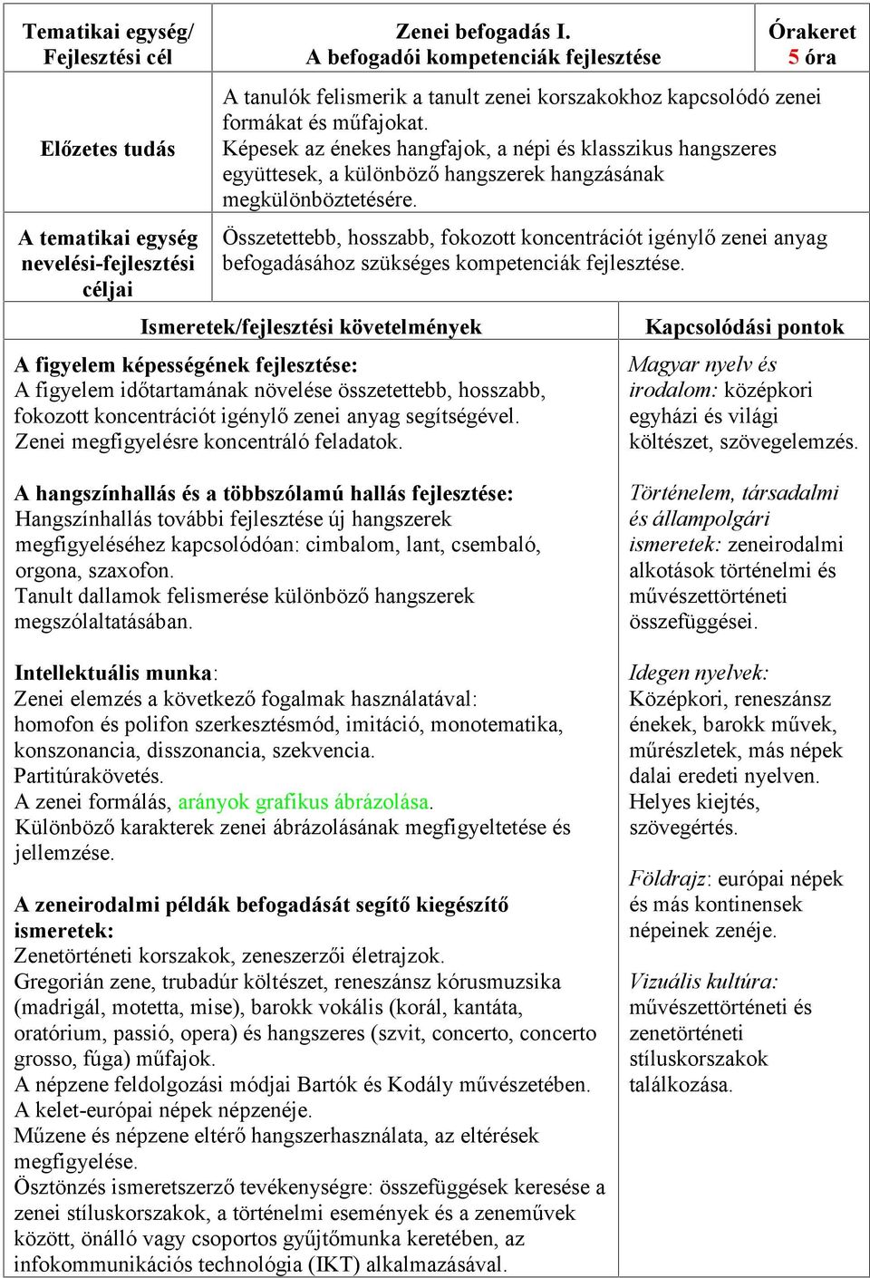 Összetettebb, hosszabb, fokozott koncentrációt igénylő zenei anyag befogadásához szükséges kompetenciák fejlesztése.